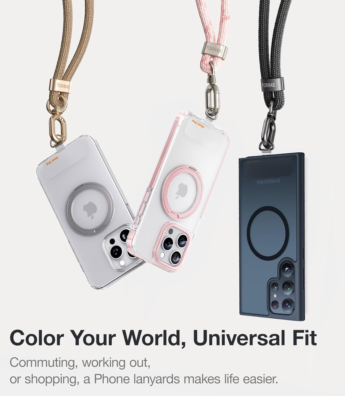 TORRAS Phone Lanyard Crossbody with 2 Phone Tabs, Adjustable Anti Theft Phone Strap for All Phones, Premium Metal Buckles, Skin-Friendly, Universal Cell Phone Neck lanyard for Women and Men, Khaki