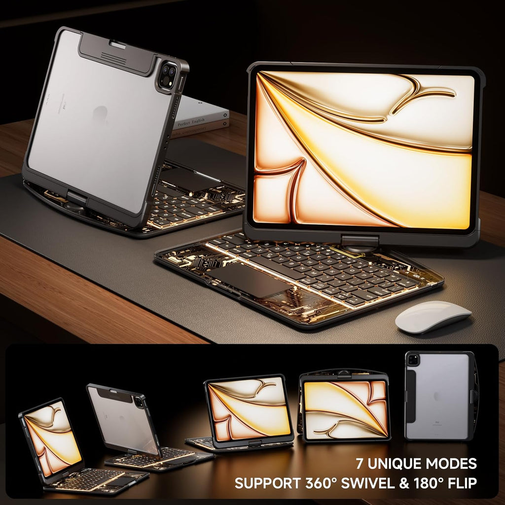 Transparent Case with Keyboard iPad Air (M3/M2,2025/2024) 11 Inch,Compatible 10.9" iPad Air 5th/4th & 11" iPad Pro 4/3/2/1,7-Color Backlit,Wireless Keyboard, 360°Rotating,with trackpad,Black