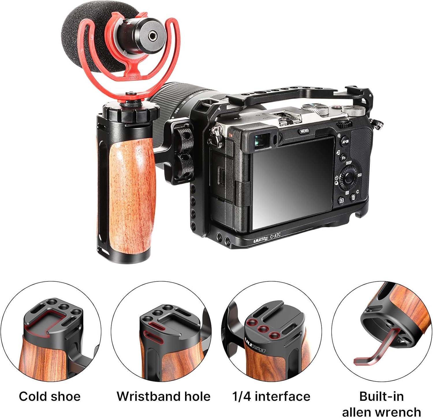 R075 Wooden Handle Grip Left Right Compatible for Sony A6400 A6600 A7III A7IV Nikon Canon Panasonic Camera Cage, for iPhone/Smartphone Video Rig Video-graphy Accessories Mobile Filming 1/4" Bracket