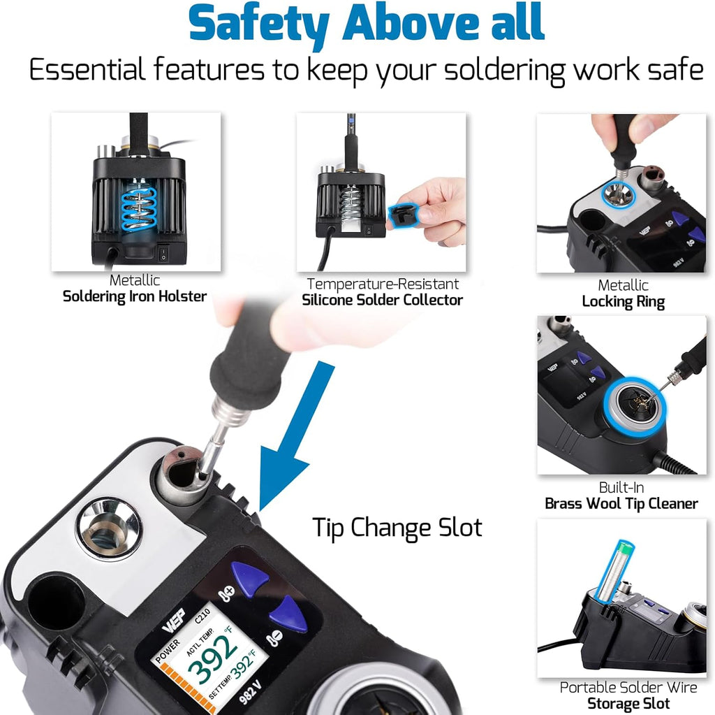 WEP 982-V Micro Soldering kit with 5 C210 Soldering Iron Tips, Temperature Control, Sleep Mode, Auto Shutdown and LCD Display