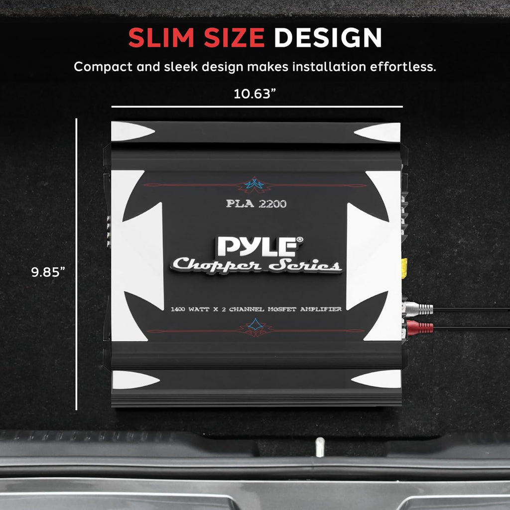 Pyle 2 Channel Car Stereo Amplifier- 1400W Dual Channel Bridgeable High Power MOSFET Audio Sound Auto Small Speaker Amp w/ Crossover, Bass Boost Control, Gold Plated RCA Input Output, Black - PLA2200