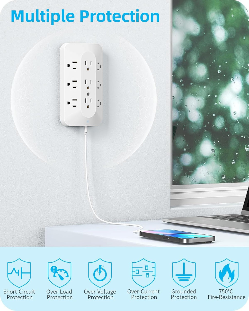 Wall Outlet Extender, 9 Outlet Splitter with 4 USB Ports (2 USB C), Multi Plug Wall Outlet Expander, 3-Sided Wall Charger Power Strip for Home, Office, Dorm, White