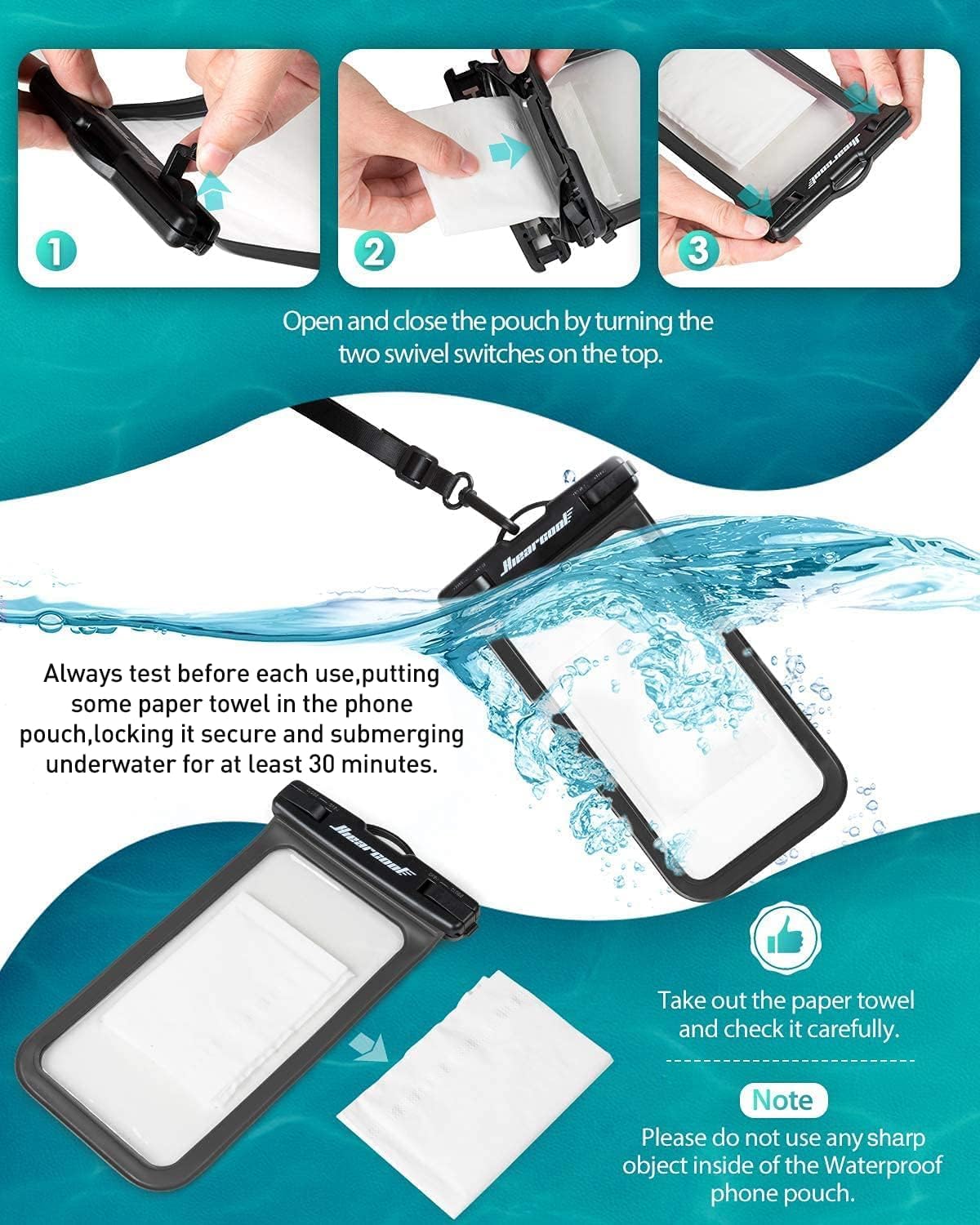 Hiearcool Waterproof Phone Pouch, Waterproof Phone Case, Waterproof Cellphone Pouch Under Water Beach Accessories for iPhone -Black&Orange -2Pack