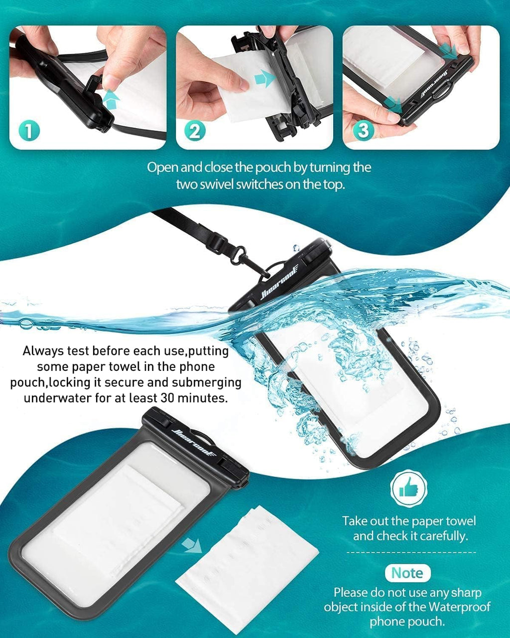 Hiearcool Waterproof Phone Pouch, Waterproof Beach Bag Compatible for iPhone 16 15 14 13 Pro Max, IPX8 Cellphone Travel Essentials for Beach -Black & Sky Blue-2Pack