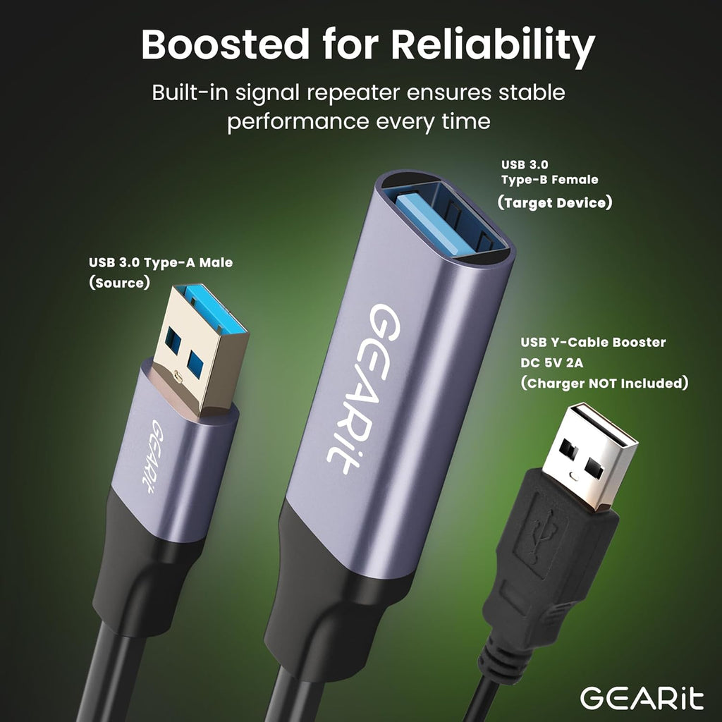 GEARit USB 3.0 Active Extension Cable (65 Feet) A-Male to A-Female USB Repeater with Signal Booster for Oculus Rift, Quest Link, Xbox 360 Kinect, PlayStation, Printer, Webcam - 65ft