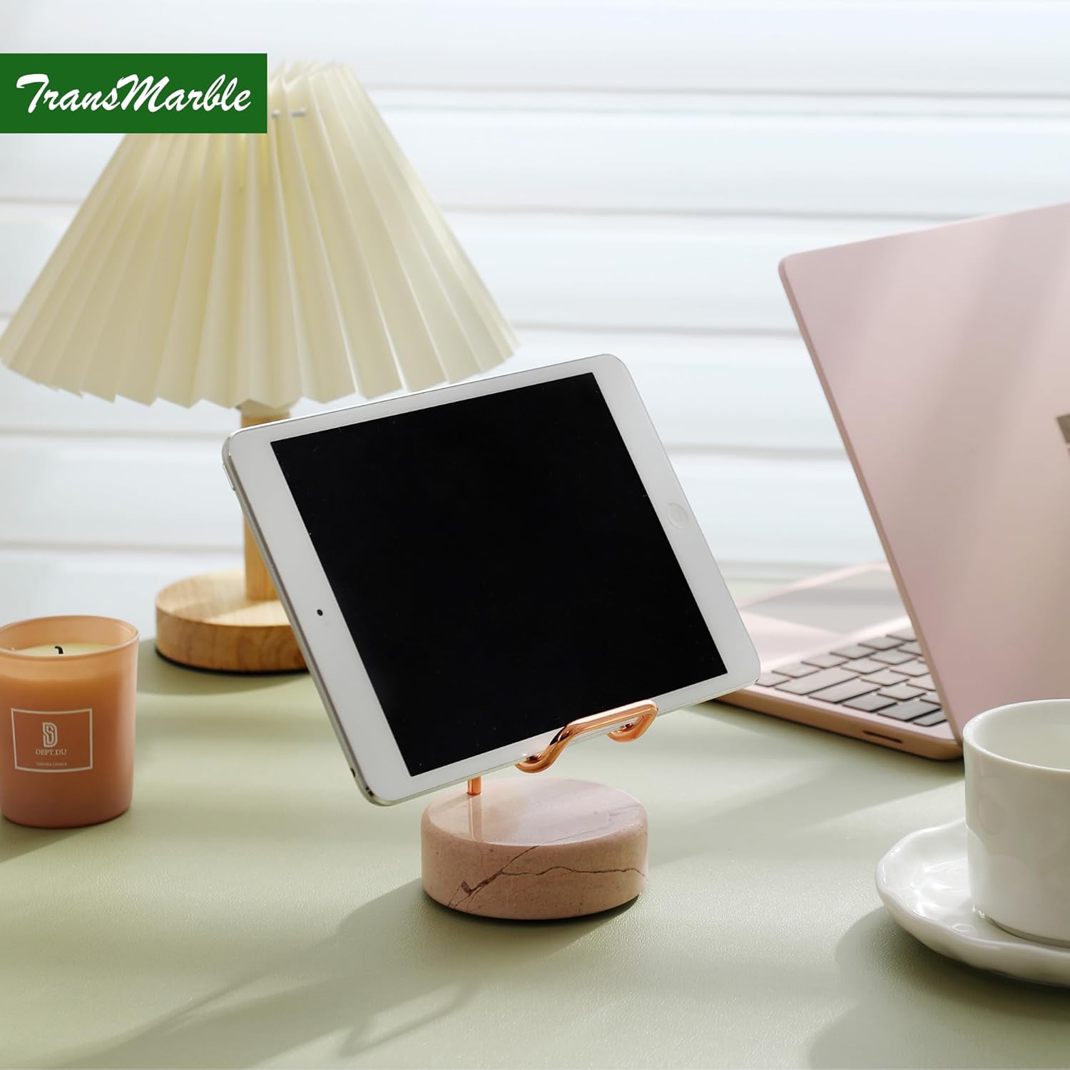 Marble Phone Stand with Metal Holder, Charging Available While Using, Swipe Up to Unlock, Made of Natural Marble as Business Card Holder for Office Desk (Rose Pink + Rose Gold)