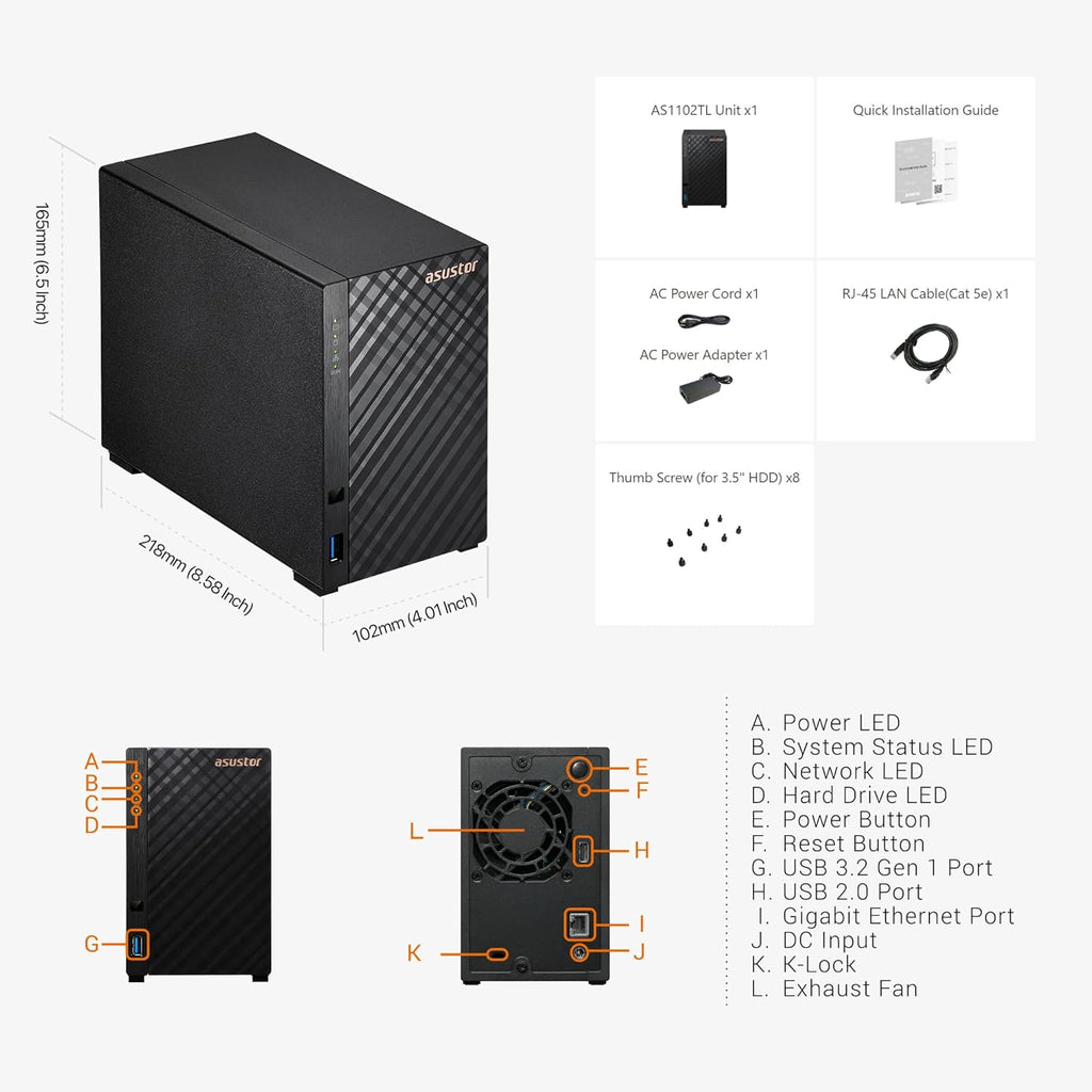 Asustor Drivestor 2 Lite AS1102TL, 2 Bay NAS, 1.7GHz Quad Core, 1GbE Port, 1GB RAM DDR4, Personal Private Cloud, Backup for Home & Small Office, Network Attached Storage(Diskless)