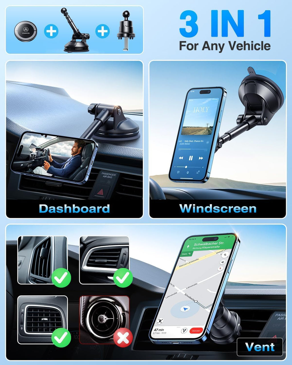 [Military-Grade]VANMASS for MagSafe Car Mount [2025 Upgraded Strongest Magnets] Magnetic Phone Holder Suction Cell Stand for Dashboard Windshield Vent,Truck Cradle for iPhone 16 15 14 13 12 11 Android