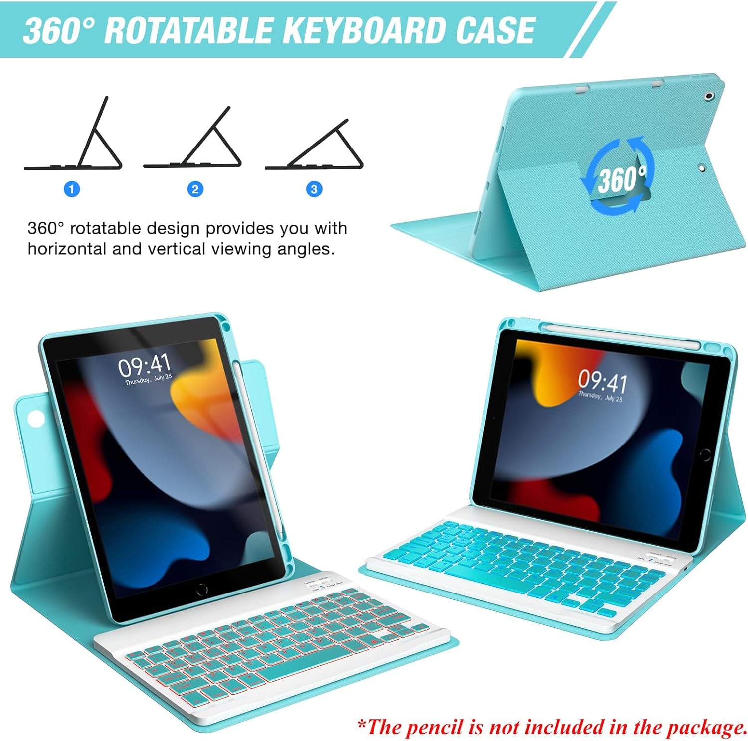 Keyboard Case for iPad 9th/8th/7th Generation 10.2 inch,360° Rotatable iPad Air 3 Pro 10.5-inch Case with Pencil Holder(2021/2020/2019/2017),7 Color Backlit Bluetooth Keyboard Folio Cover (Lake Blue)