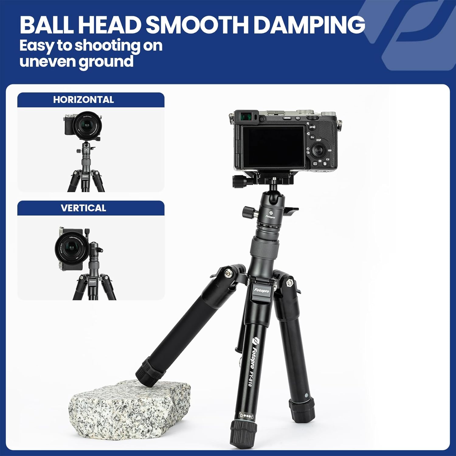 Fotopro Mini Tripod with Ball Head Phone Mount Detachable Selfie Stick Folded only 8.6" Max Load up to 6.6 lbs FY-810 Grey