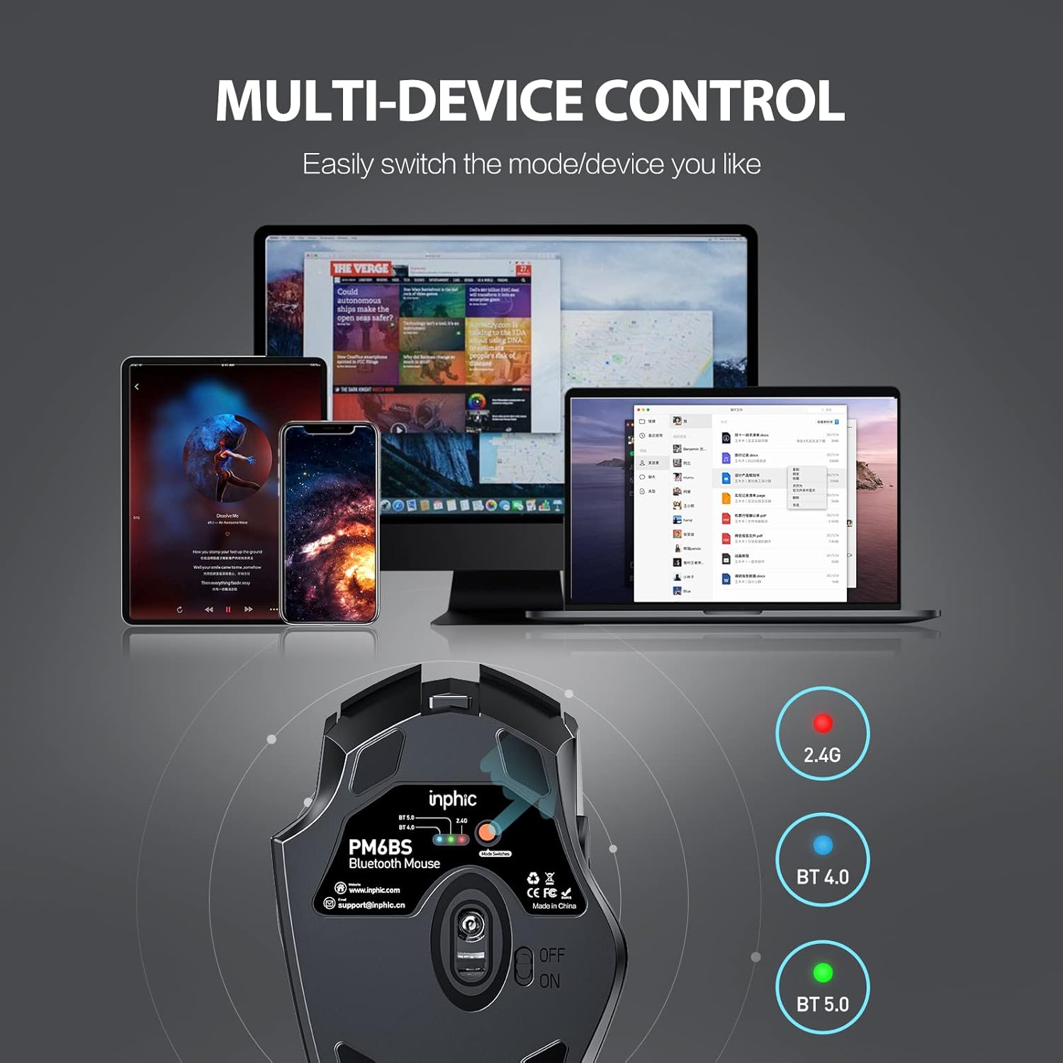 INPHIC Multi-Device Bluetooth Mouse, Upgraded Visible Battery, 2400 DPI, Silent Ergonomic Computer Wireless Mouse for Laptop, Mac, PC etc.