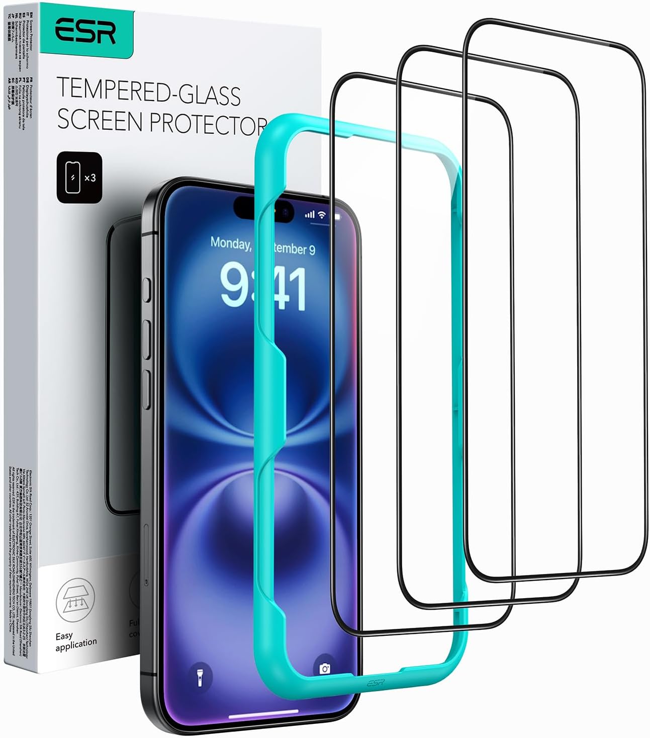 ESR 3 Pack for iPhone 16 / iPhone 15 Screen Protector, [9H Hardness] [Military Grade Shatterproof] Full Coverage Tempered Glass Film with Easy Installation Tool, HD Clear, Scratch Resistant
