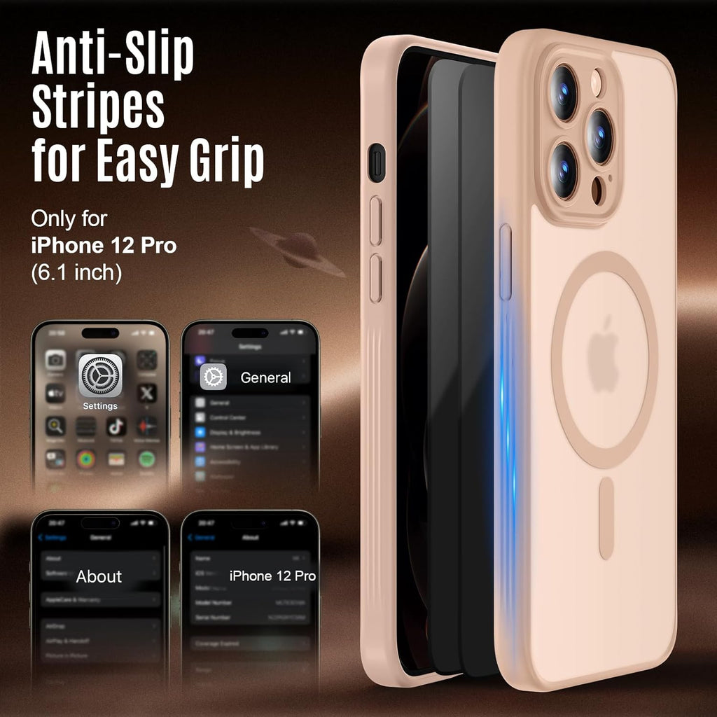 Designed for iPhone 12 Pro Case, Compatible with MagSafe, with Privacy Screen Protectors X2, [Camera Protection] [15FT Military Drop Protection] Shockproof Phone Case, 6.1", Light Brown