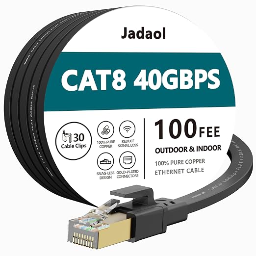 Jadaol Cat 8 Ethernet Cable 100ft, 40Gbps 2000MHz Flat S/FTP LAN Patch Cable by Jadaol