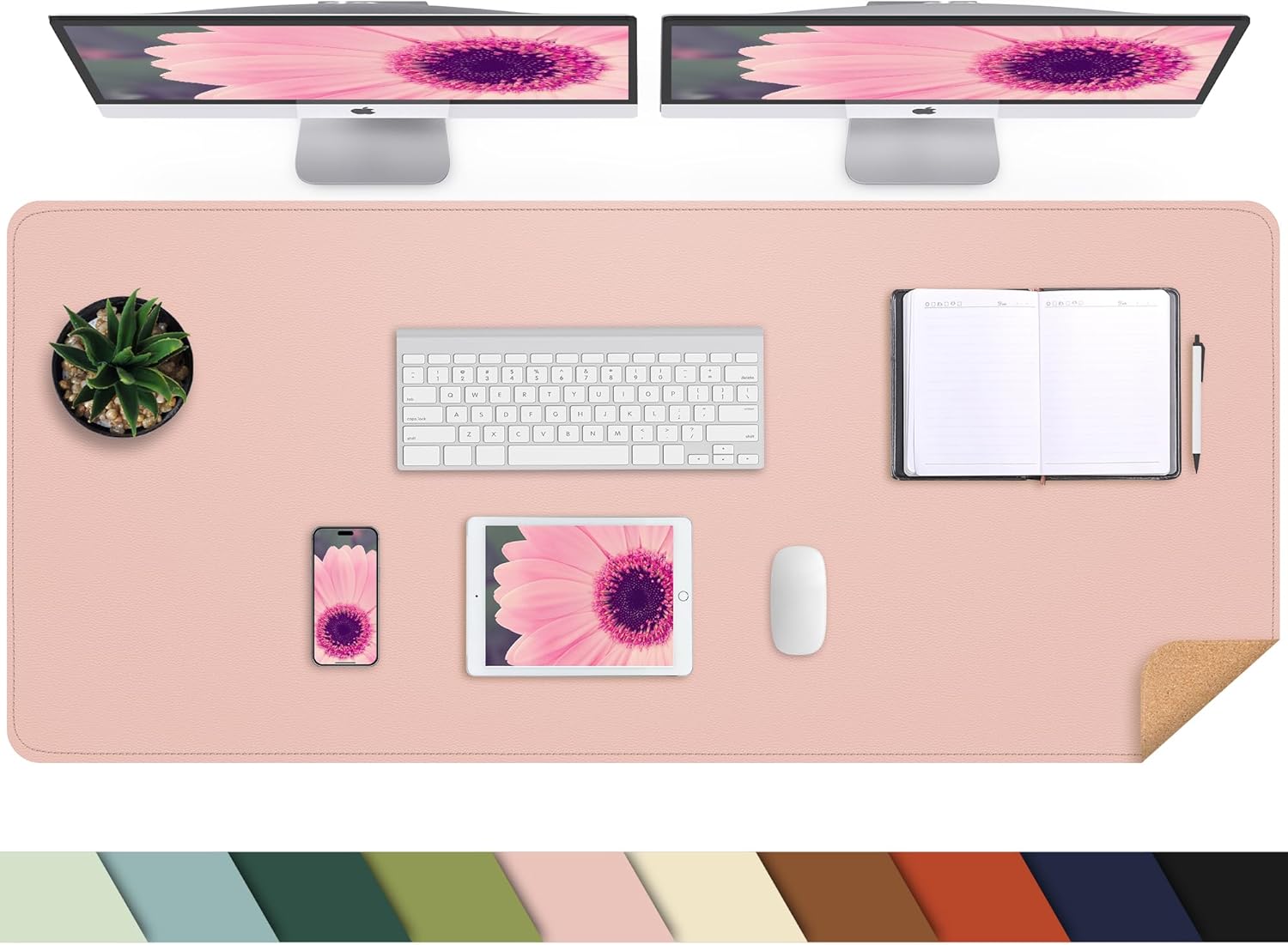 AFIING Leather Desk pad Protector, Large Non-Slip Office Desk Mat with Natural Cork & PU Leather, Waterproof Writing Mouse Pad for Office and Home (55in*17in,Pink)