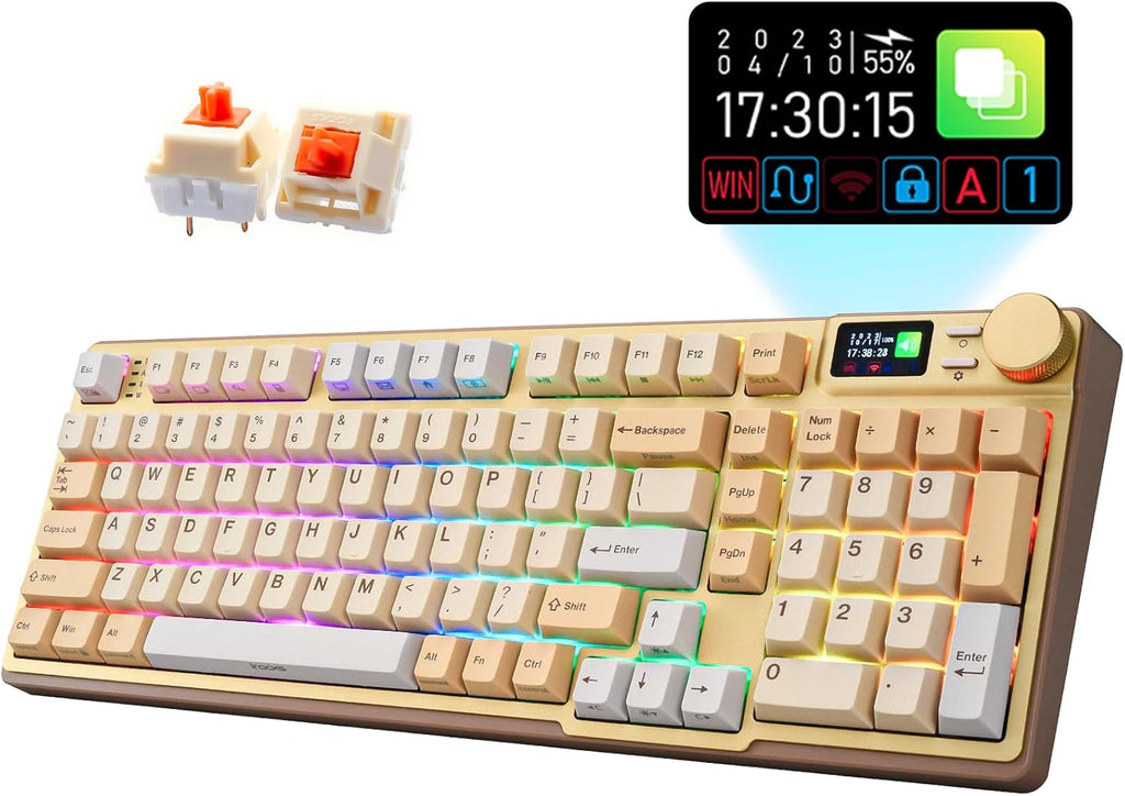 iRocks K85R Wireless RGB Backlit Mechanical Gaming Keyboard with LCD Display, Hot-Swappable Pre-lubed Brown Switches, 98 PBT Keys, USB-C Detachable Cable (Light Golden, Bubble Switch)