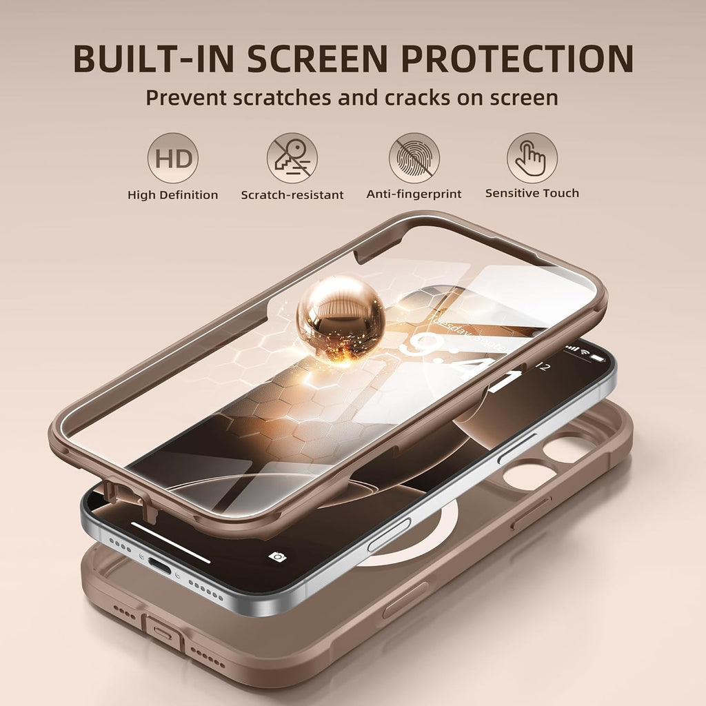 BERFY Magnetic for iPhone 16 Pro Max Case, Compatible with MagSafe, [Built-in 9H Tempered Glass Screen Protector & Camera Protection] Full Body Matte Phone case for 16 Pro Max, Withered Brown