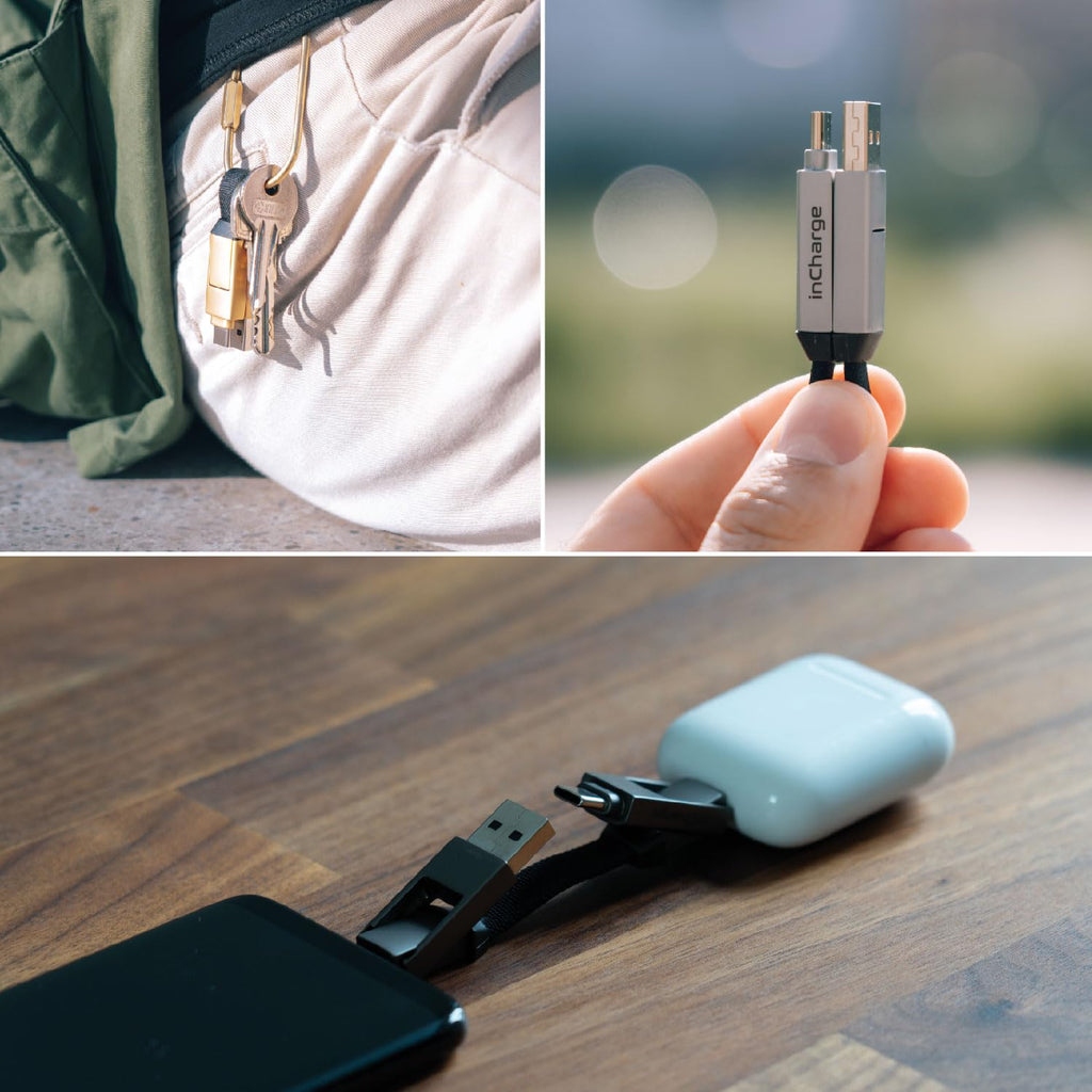 Rolling Square inCharge 6 - Keychain USB C Charger Cable, Lightning Cable and Micro-USB for Smartphone, Universal Cable Charger 6 in 1, USB Plug, 15W, White