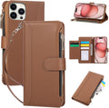 Compatible with iPhone 15 Pro Max Wallet Phone Case-PU Leather Magnetic Flip Cover with Credit Card Slots,Zipper Pocket & Detachable Wrist Strap,Shockproof Design,for Women and Men-Brown