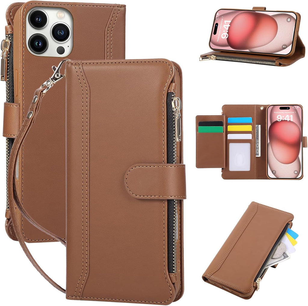 Compatible with iPhone 13 Pro Max Wallet Phone Case-PU Leather Magnetic Flip Cover with Credit Card Slots,Zipper Pocket & Detachable Wrist Strap,Shockproof Design,for Women and Men-Brown