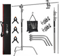 LOMTAP C Stand Light Stand Stainless Metal Photography Kit - Heavy Duty 10.8ft/330cm Vertical Pole, 4.2ft/128cm Boom Arm, Adjustable Base, Water Sandbag, 2 Grip Heads, 3 Clips for Softbox, Reflector