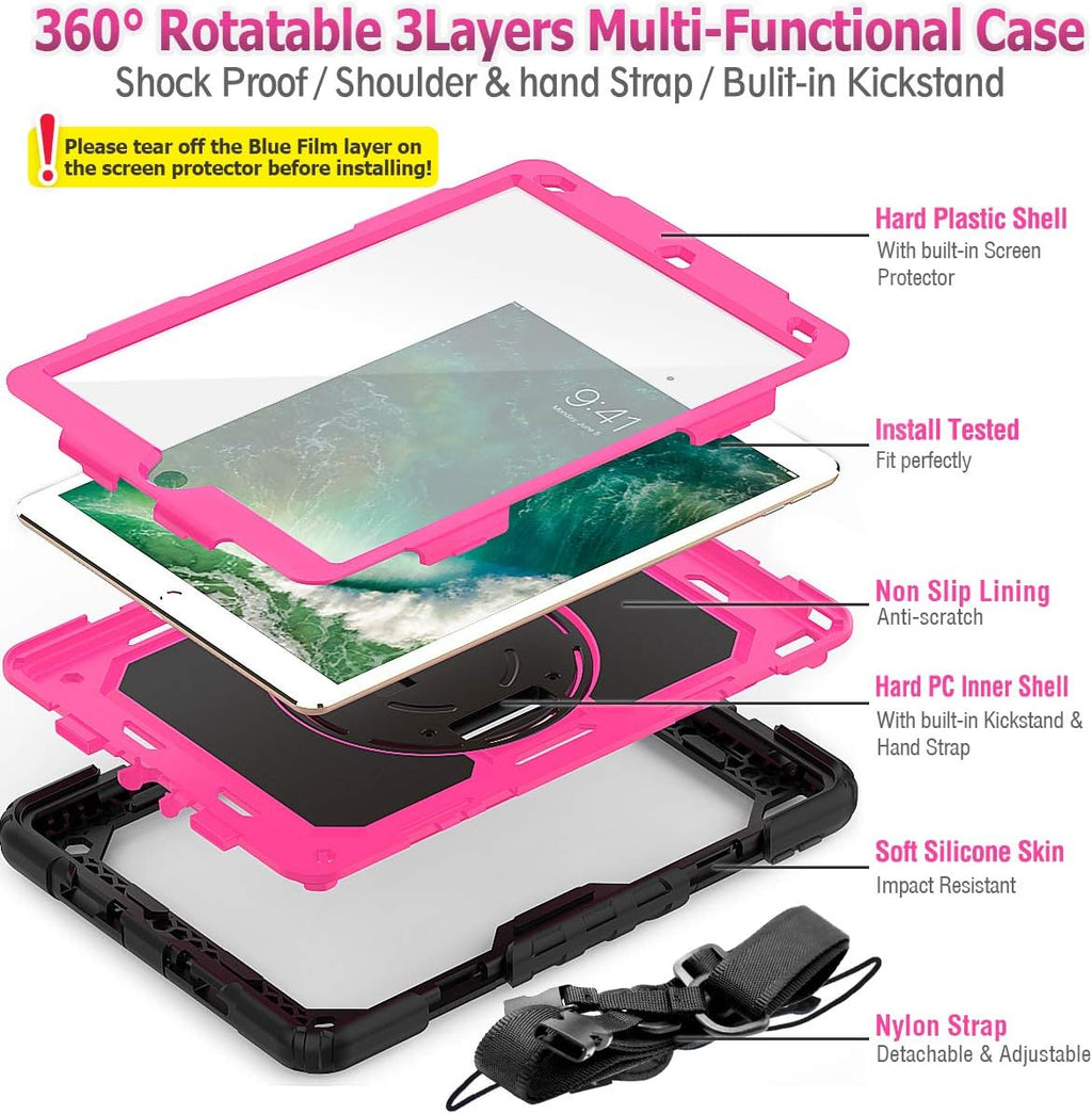 SEYMAC stock Case for iPad Air 3 2019 / Pro 10.5'' with Screen Protector Pen Holder [360° Rotate Hand Strap/Stand], Drop-Proof Case (Rose+Black)
