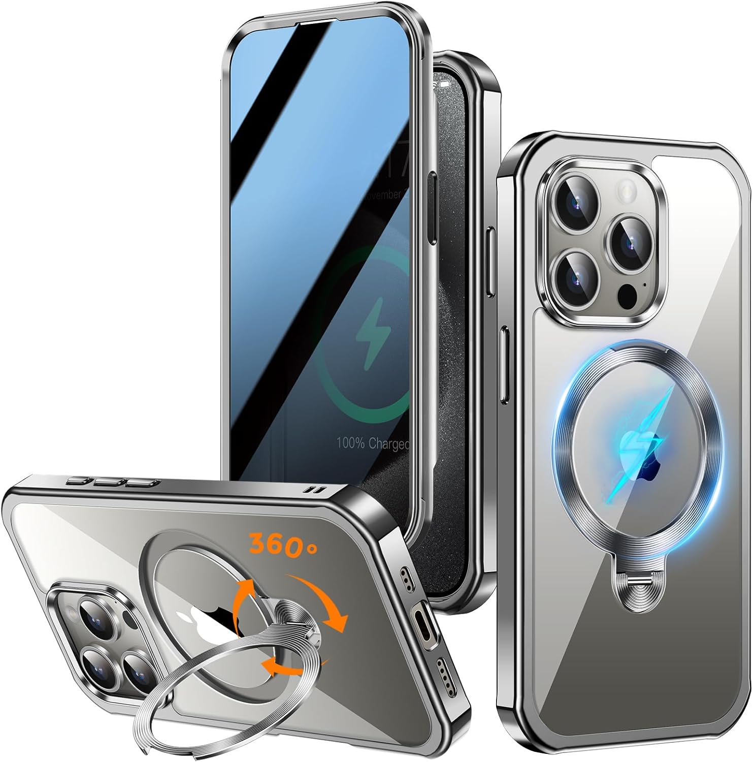[360° Rotatable CD Stand & Built-in Privacy Screen Magnetic Case for iPhone 15 Pro [Compatible with MagSafe & Full Signal] Mil-Grade Shockproof Full Body Anti-Spy Cover for 15 Pro-Gray