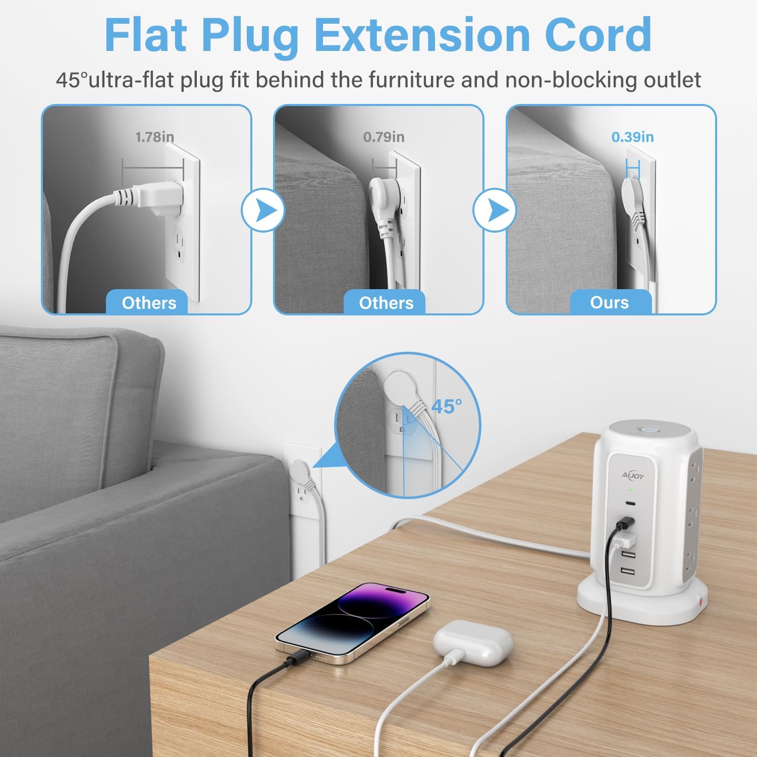 AiJoy Flat Plug Power Strip Tower with 9 Outlets and 5 USB Ports (2 USB-C), 1200J Surge Protection, 1625W Extension Cord with Multiple Outlets Charging Station for Home Dorm Office Supplies