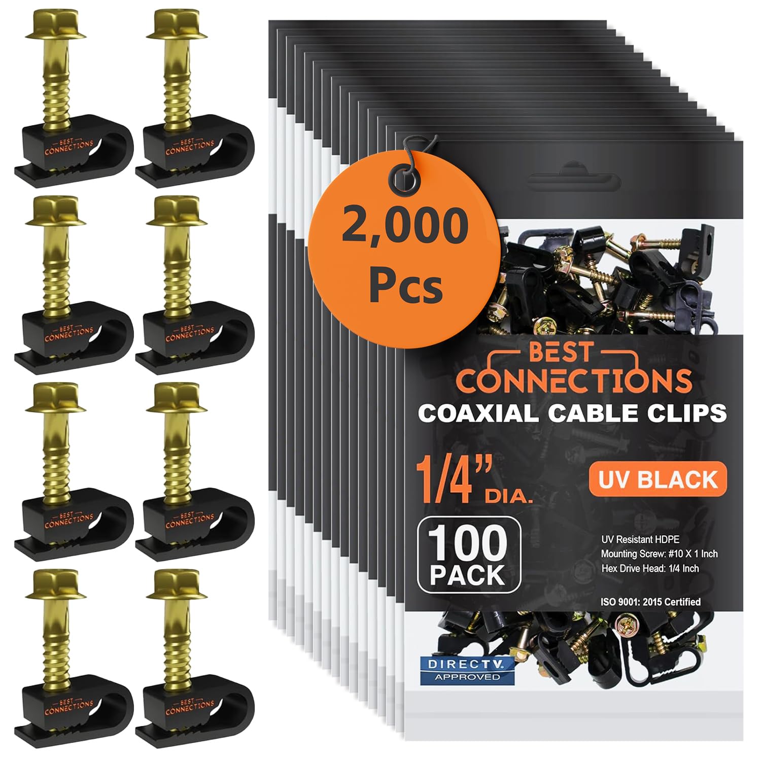 BEST CONNECTIONS Coaxial Cable Clips with Pre-Inserted Screw (2,000 Pack) – Black Single Cable Mounting Clamps for Coax Cable (RG6, RG59) and Ethernet Cable – Cord Fastener/Strain Relief Clip
