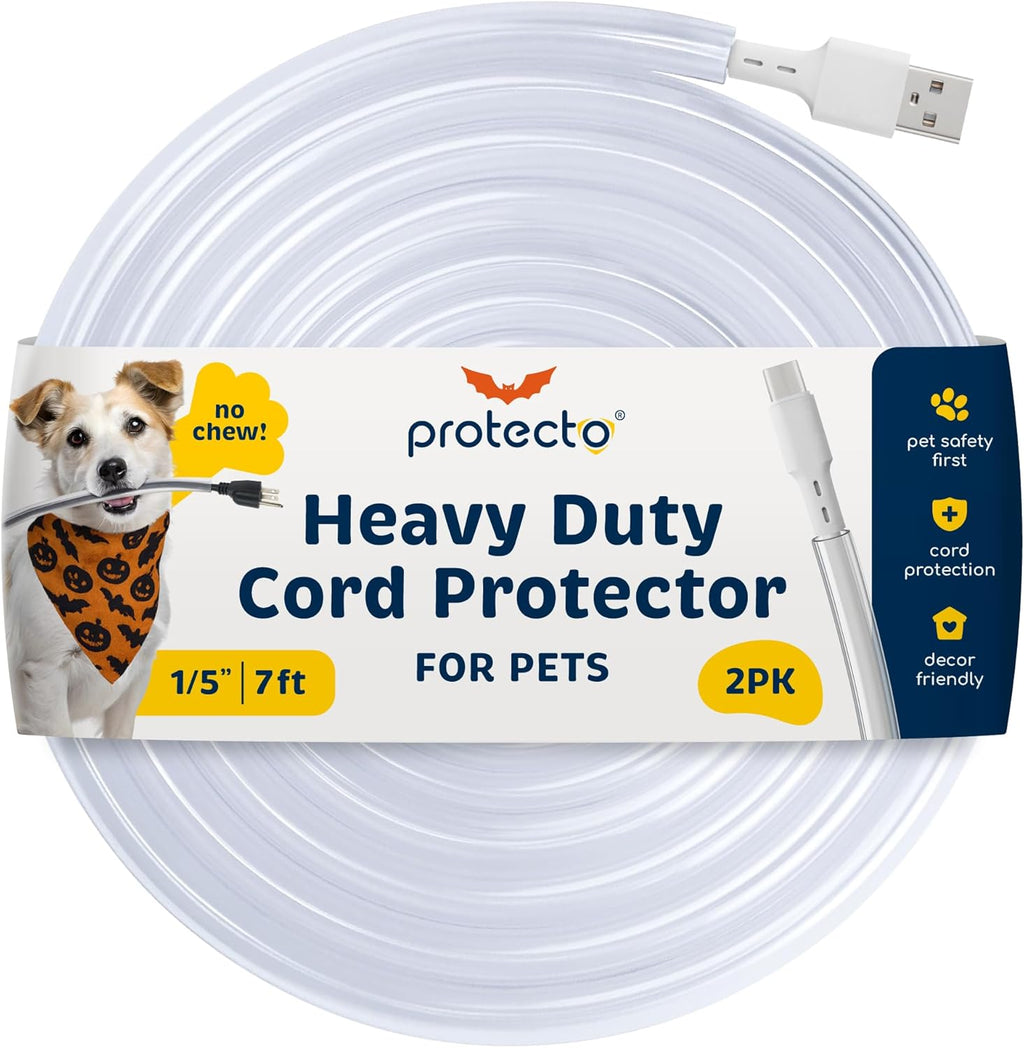 PROTECTO 2-Pack Heavy Duty Cord Protectors from Pets No Chew Solution, 7ft Easy to Use Dog & Cat Cord Protector, Clear & Odorless Critter Cord Covers for Pets, Power Audio Video Wire Protector Tubing