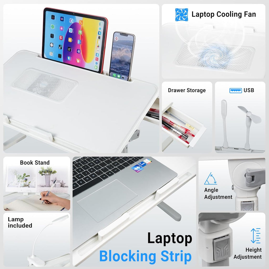 Laptop Lap Desk with Cooling Fan - Adjustable with Light, USB, Storage Drawer - Folding Bed Desk,23.62"*15.74",White