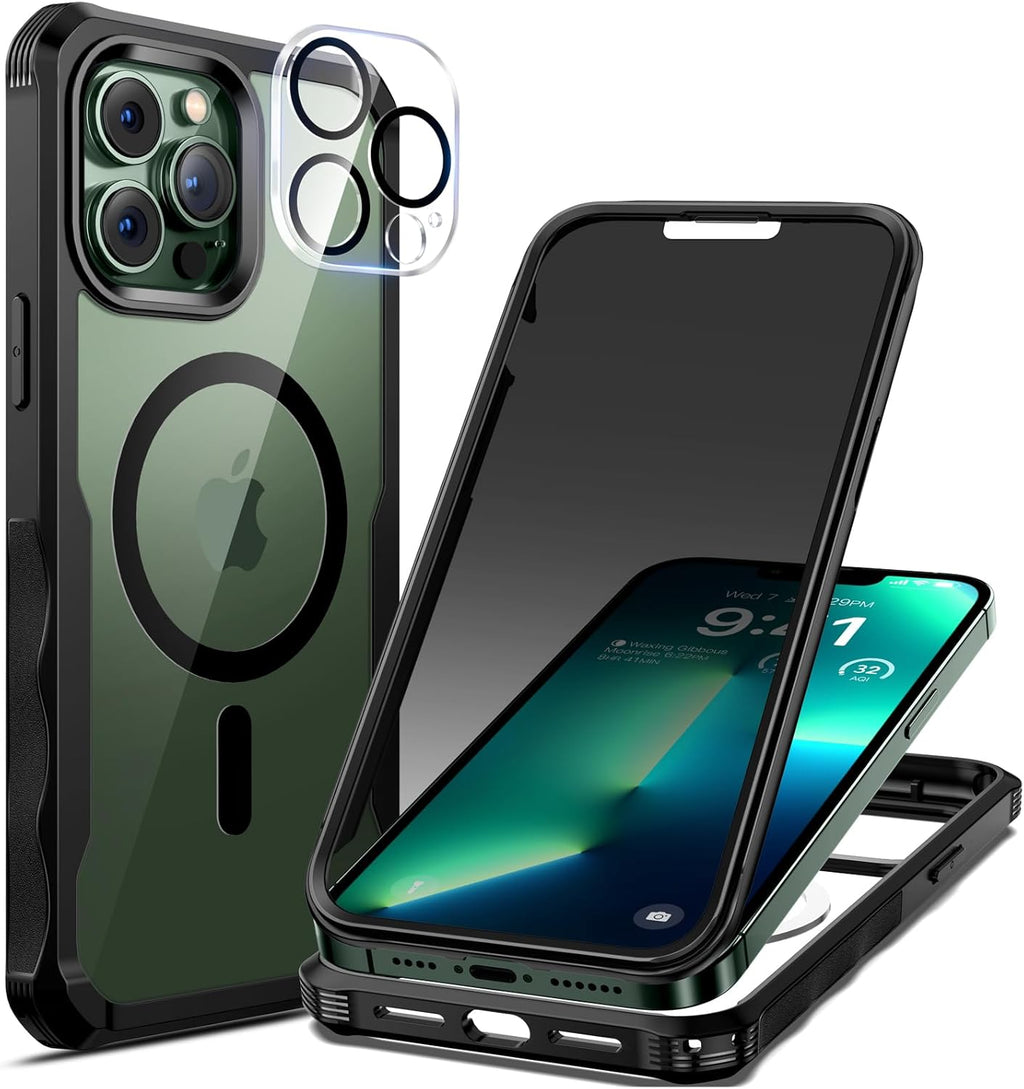 seacosmo for iPhone 13 Pro Max Case, Full Body Bumper with Built-in 9H Tempered Glass Privacy Screen Protector and Camera Lens Protector, Compatible with MagSafe, Shockproof Phone Case, 6.7", Black