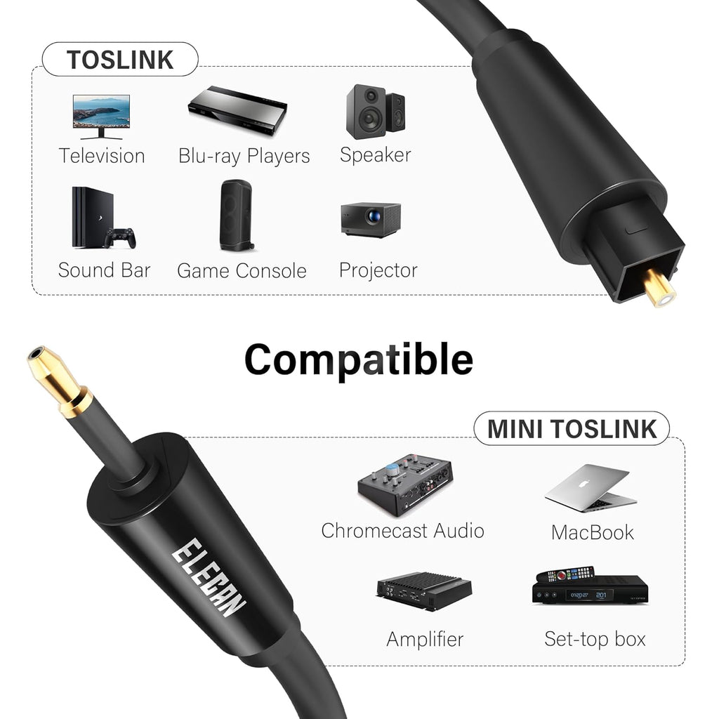 Elecan Mini Toslink to Toslink Digital Optical S/PDIF Audio Cable 8 Ft, Gold Plated Soft Flexible Fiber Optic Cable,Signal Protection PVC,Surround Sound for Soundbar,Home Theater,Hi-Fi System+Ties MI