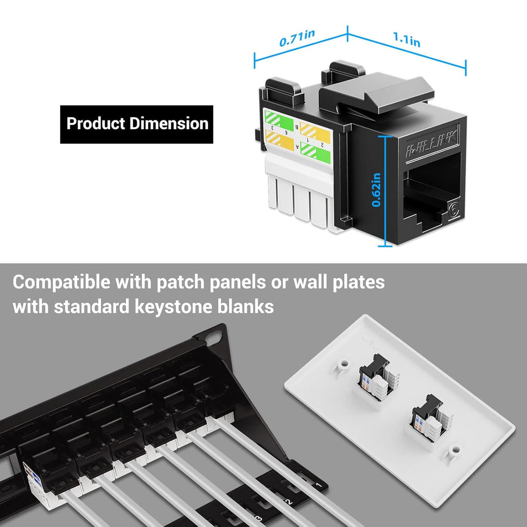 iwillink 10Gbps Cat6 Keystone Jack and Punch-Down Stand, 50-Pack, RJ45 Ethernet Keystone Jacks, 90-Degree UTP Modular Punch Down Keystone Jack Adapter, Black