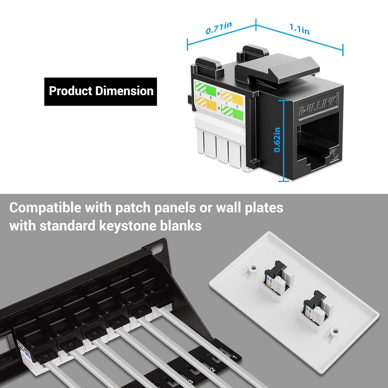 iwillink 10Gbps Cat6 Keystone Jack and Punch-Down Stand, 50-Pack, RJ45 Ethernet Keystone Jacks, 90-Degree UTP Modular Punch Down Keystone Jack Adapter, Black