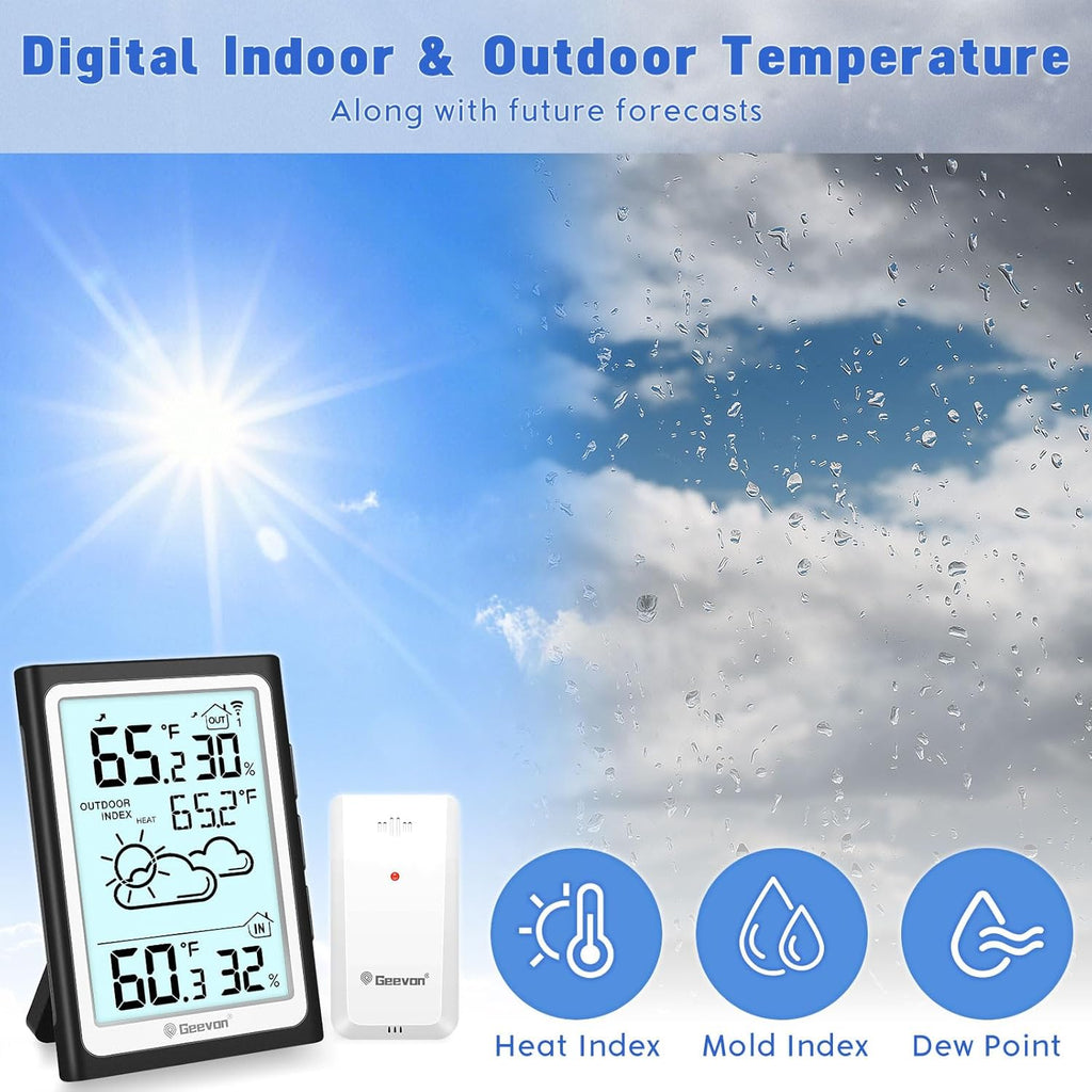 Geevon Large Display Digital Thermometer Hygrometer, Accurate Indoor Outdoor Temperature Humidity Monitoring, Wireless Weather Station with 200ft/60m Range Remote Sensor, Black