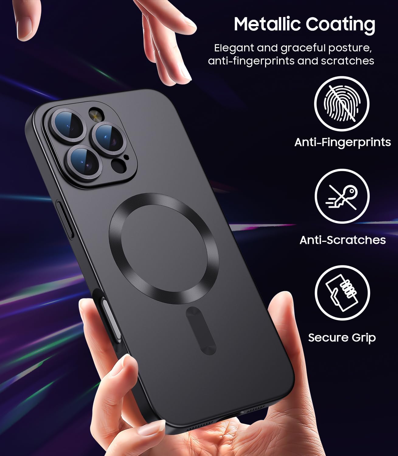 Magnetic for iPhone 16 Pro Max Case [Compatible with MagSafe][Built-in Camera Lens Protector] Slim Soft Silicone Bumper Shockproof Metallic Luster Phone Case (Black)