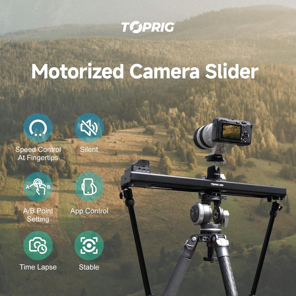 Accsoon Toprig 24inch/60cm Motorized Camera Slider, Button/APP Dual Control, Speed Adjust/Time-Lapse/120° Panoramic Shooting/Loop Mode, Compatible with DSLR Camera, Gopro, Camcorder, Smartphone(S60)