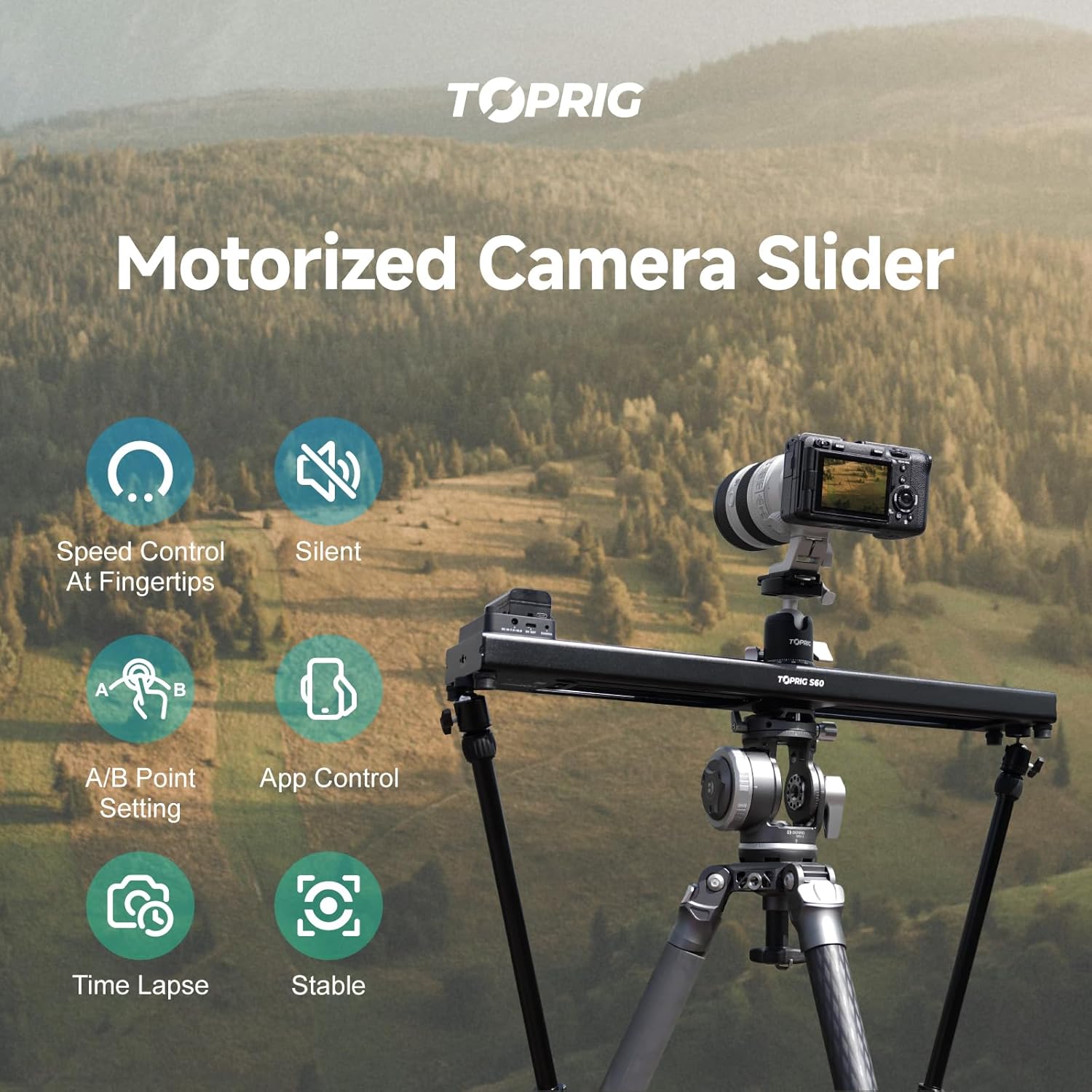 Accsoon Toprig 24inch/60cm Motorized Camera Slider, Button/APP Dual Control, Speed Adjust/Time-Lapse/120° Panoramic Shooting/Loop Mode, Compatible with DSLR Camera, Gopro, Camcorder, Smartphone(S60)