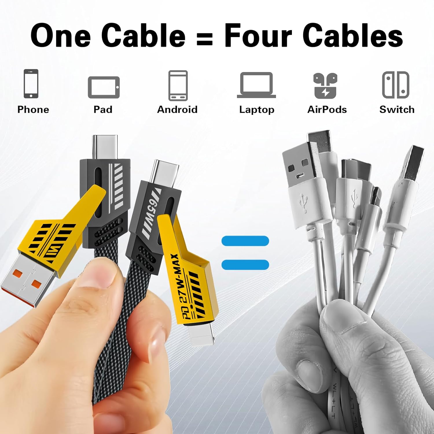 2Pack 4 in 1 Fast Charging Cable, Transferring Data, 6.65 Ft, Braided Cable 65W, USB C USB A and IP, Multiple Charging Cable for Phone/Pad/More