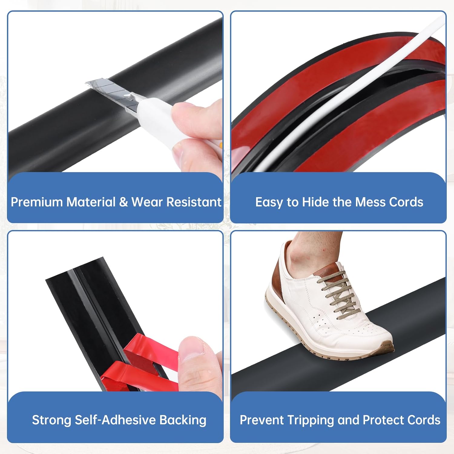 Floor Cord Cover Self Adhesive Cord Hider Floor Extension Cord Covers for Floor Power Cord Protector Cable Management Prevent Cable Trips Cable Cavity 0.47" W x 0.27" H (Black, 3.3Ft)