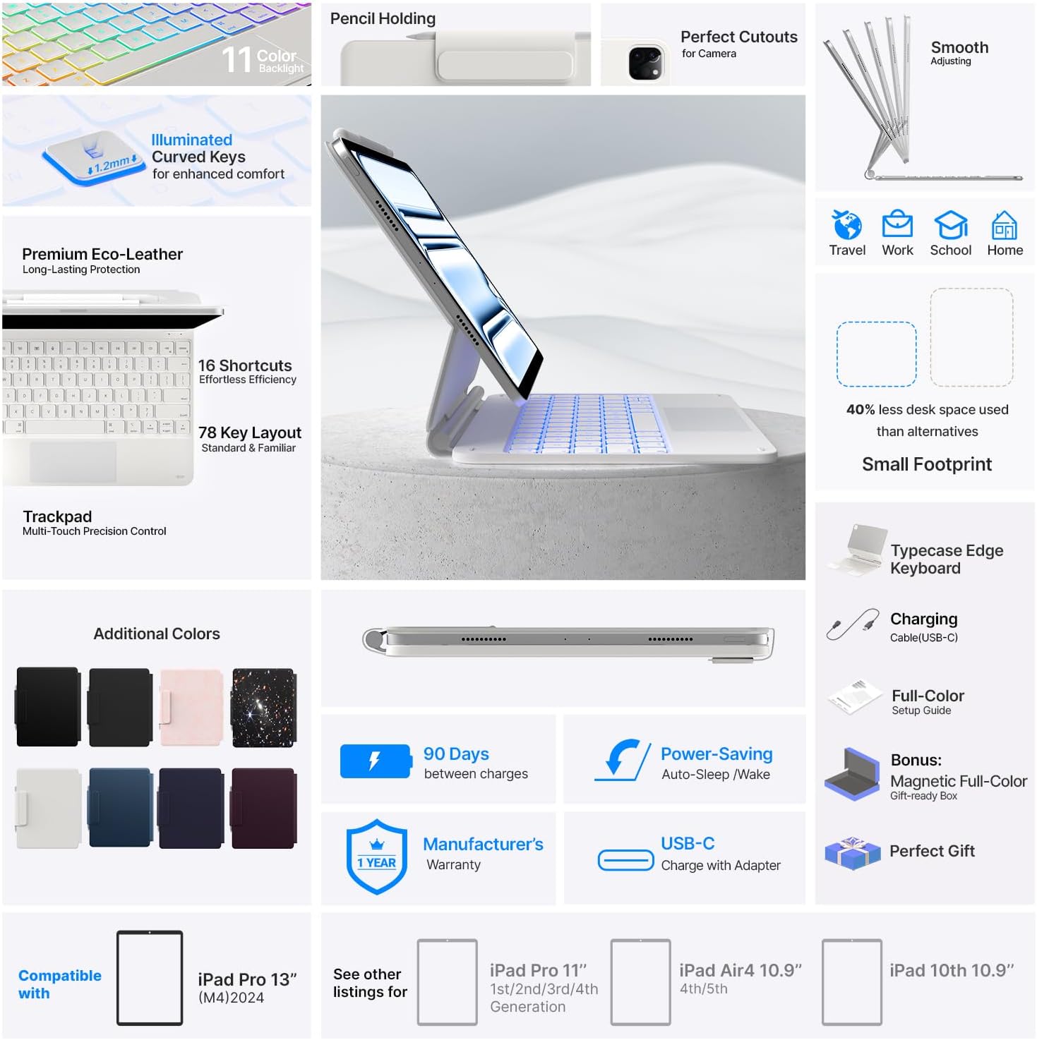 typecase Keyboard Case for iPad Pro 13-inch (M4) 2024,Magic Keyboard with 11 Colors Backlight for iPad Pro 13,Keyboard Case with Pencil Holder,Multi-Touch Trackpad, Easy-Set Magnetic Stand,(White)
