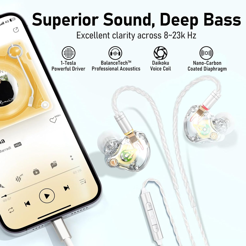 Vibes 202ML Wired Earbuds - HiFi in Ear Headphones - Noise-Isolating Ear Buds w/ Mic - Clear Sound, Deep Bass, Comfort-Fit Earphones - MMCX–Lightning for iPhone 5–14, Silver Plated Cord, Carrying Case