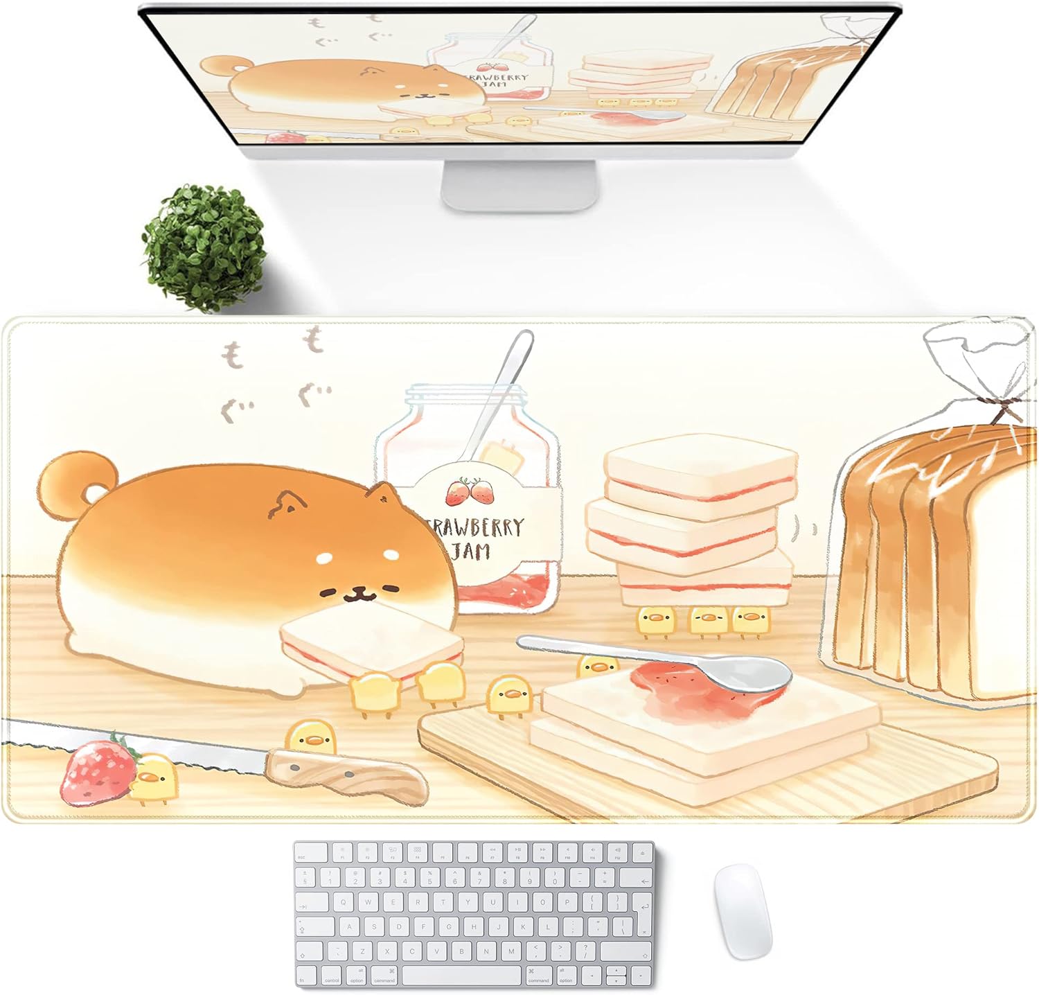 Cute Desk Mat Anime Cartoon Desk Pad Mouse Pad Kawaii Large Yellow Shiba Inu Gaming Mousepad XXL Laptop Keyboard Desktop Writing Pad Stitched Edge Desk Accessories for Girls Students 31.5''X15.7''