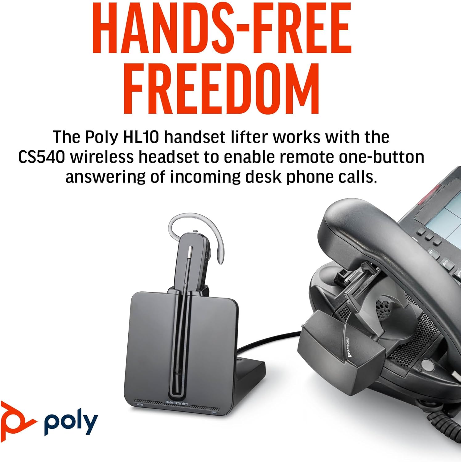Poly CS540 Wireless DECT Headset with HL10 Lifter (Plantronics) - Single Ear (Mono) Convertible (3 wearing styles) - Connects to Desk Phone - Noise Canceling Microphone - Amazon Exclusive