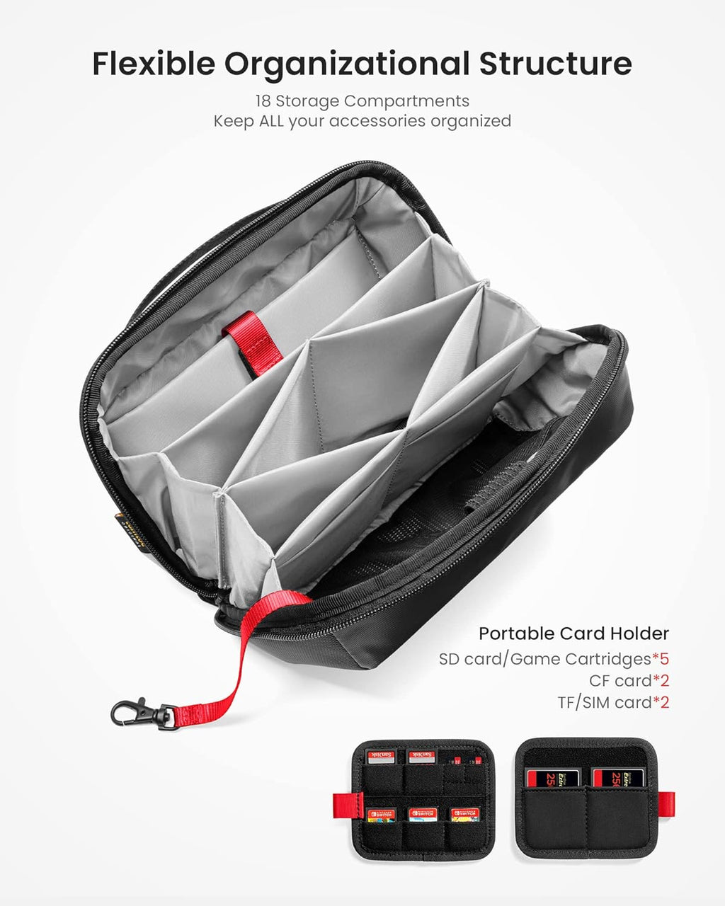 tomtoc Electronic Organizer Accessory Pouch for MacBook Charger, Cables, Power Bank, Hard Drive, Cords, Water-resistant Storage Bag with Removable Card Slots for USB Adapter, Memory Card, Black