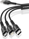 Short Multi Charging Cable 1FT 2Pack 3 in 1 Charger Cord Braided Universal Phone Cords with Lightning/Type C/Micro USB Connectors, Multiple USB Cable for iPhone/Samsung/Google Phones and More