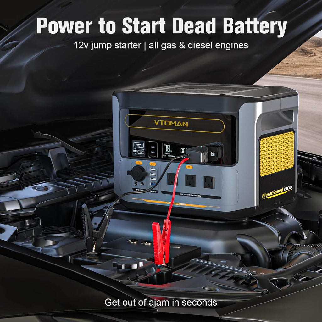 VTOMAN FlashSpeed 1500 Portable Power Station with Jumper Cables, 1548Wh LiFePO4 Solar Generator & Car Jump Starter, Recharge 0-100% in 1H, 1500W AC Output/Input, for Outdoor, Home, Roadside Rescue