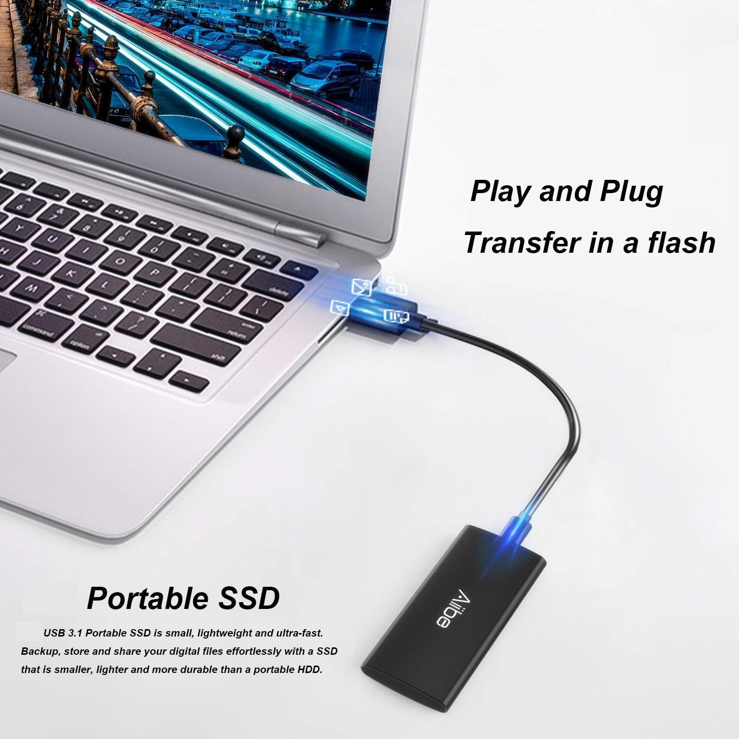 Aiibe External SSD 250GB External Hard Drive USB C Portable SSD, Up to 500MB/s, USB 3.1, External Solid State Drive 250GB for Laptop, Mac, PS4 (Black)