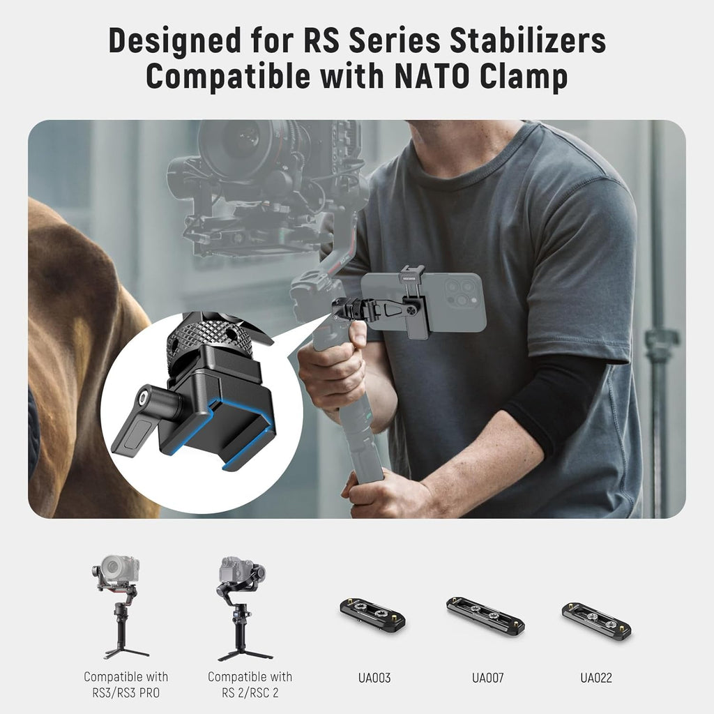 Neewer Metal Phone Tripod Mount with Cold Shoe Mount NATO Clamp Compatible with DJI RS4 RS3 Pro RS2 RSC2 Gimbal Stabilizer, 180° Tilt Phone Clip Holder Compatible with iPhone 15 Pro Camera Cage, GA010